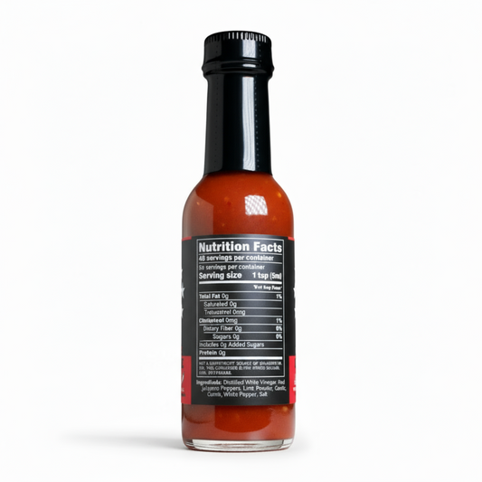 Back label of Big Red One Hot Sauce bottle showing ingredients and nutrition facts