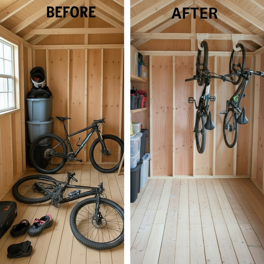 Before and after bike storage comparison showing a cluttered shed with bikes on the floor versus an organized shed with bicycles mounted on bike organizers vertically to maximize space.
