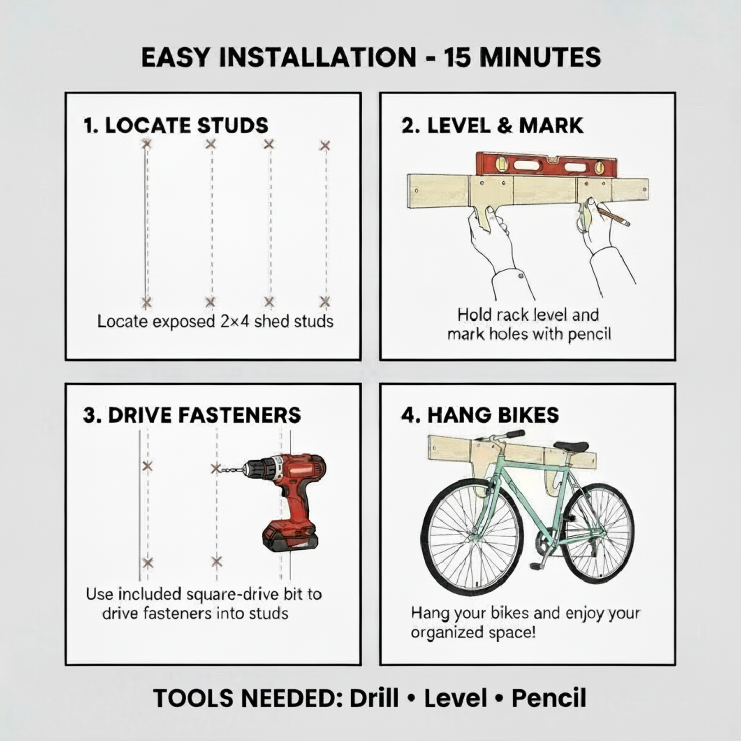 Bike Organizer Stud Mount- installation guide with tools needed listed