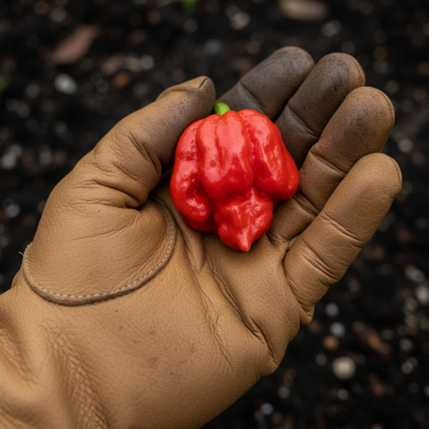 Butch T Trinidad Scorpion in tan gloved hand over soil used to display pepper seeds for sale