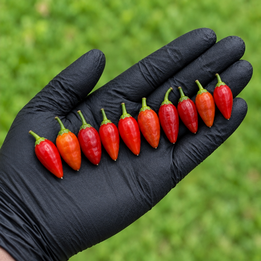 Ten Chile Pequin peppers lined up single file across a black gloved hand used to display pepper seeds for sale