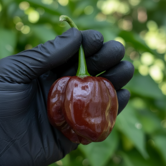 Single Chocolate Scotch Bonnet Pepper in black latex gloved hand used to display pepper seeds for sale