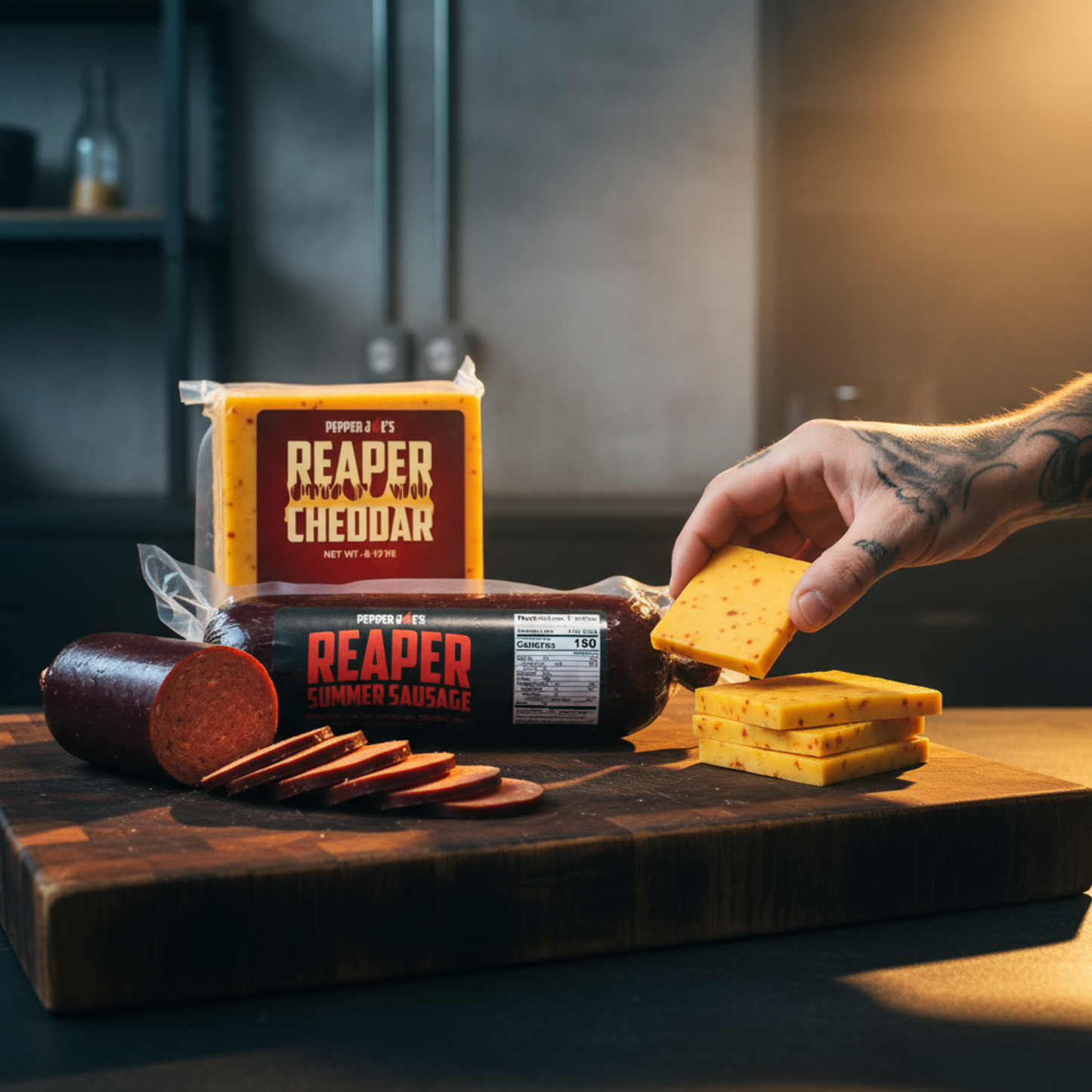 Cinematic of pepper joes reaper cheddar cheese and reaper summer sausage on wood cutting board