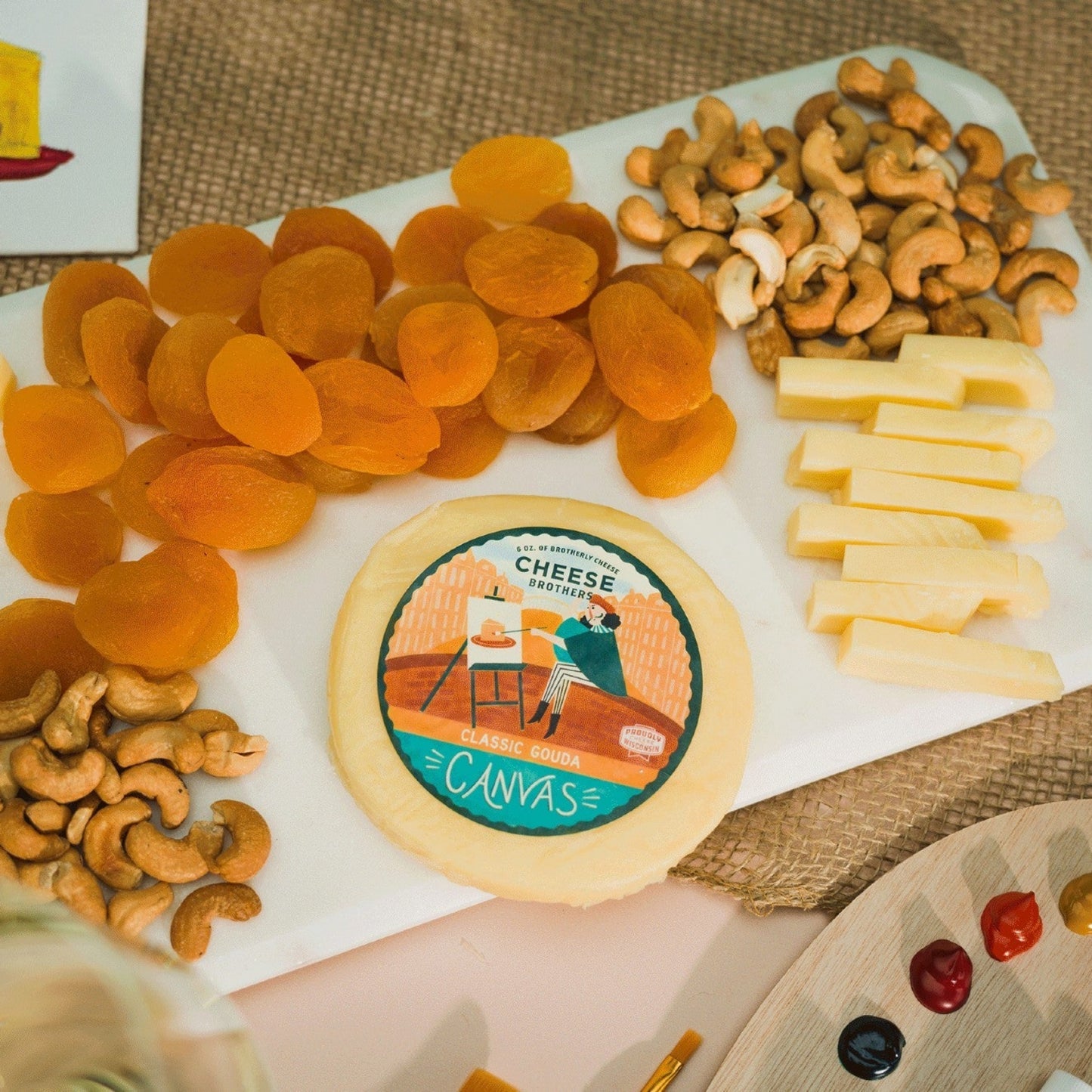 classic gouda cheese top view of charcuterie board