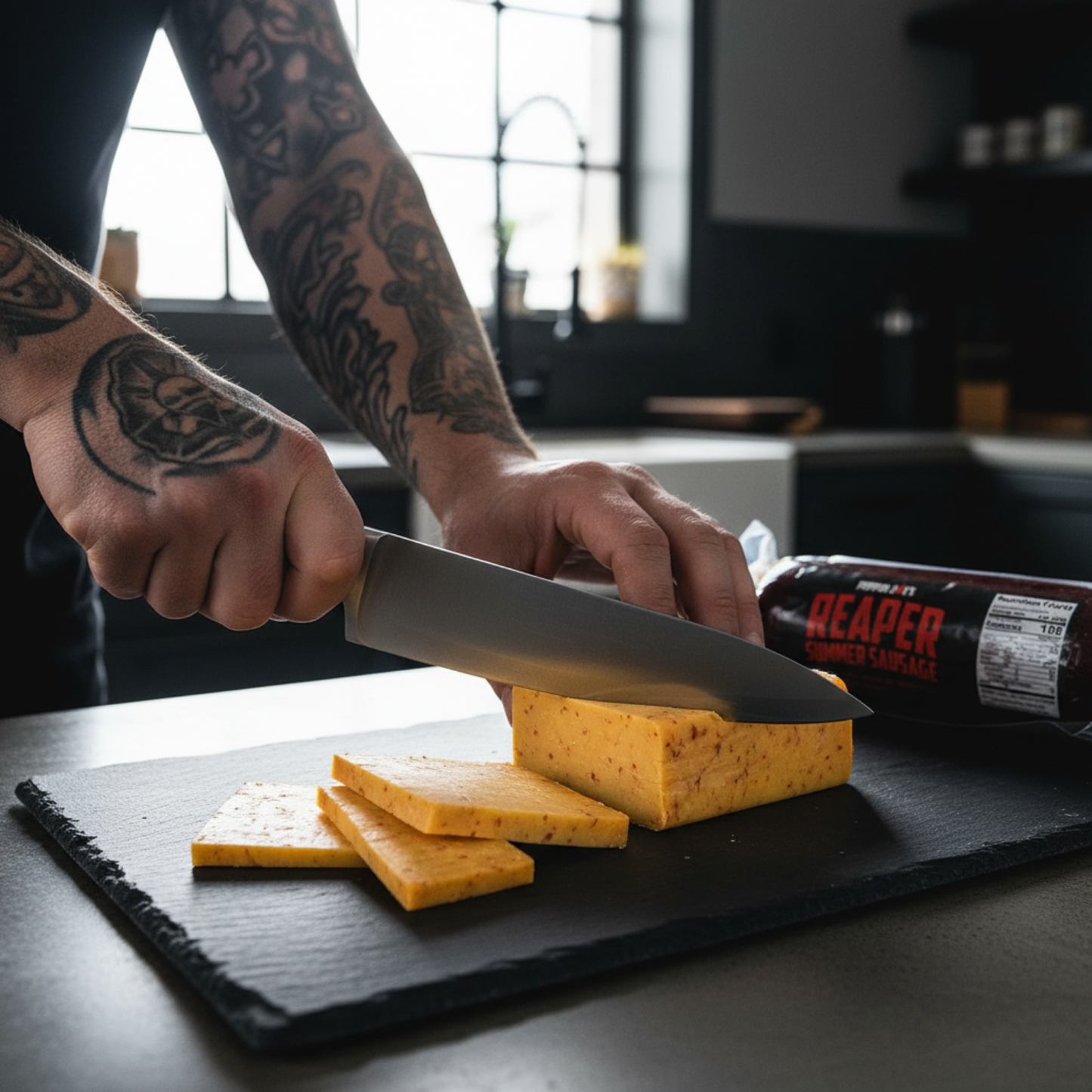 cutting pepper joes carolina reaper cheddar next to reaper summer sausage on slate cutting board