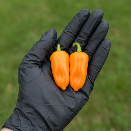 Datil peppers, yellow, in black gloved hand used to display pepper seeds for sale