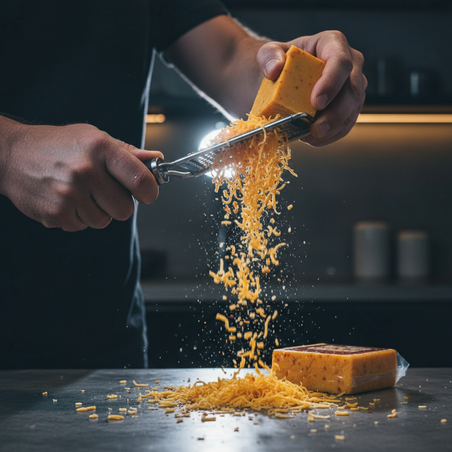 Dynamic grating carolina reaper cheddar cheese with backlighting
