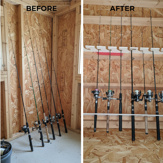 Before and after comparison showing fishing rods leaning against the inside of an unfinished shed versus in the after the fishing rods neatly organized on the stud-mounted fishing rod organizer installed on the ceiling.