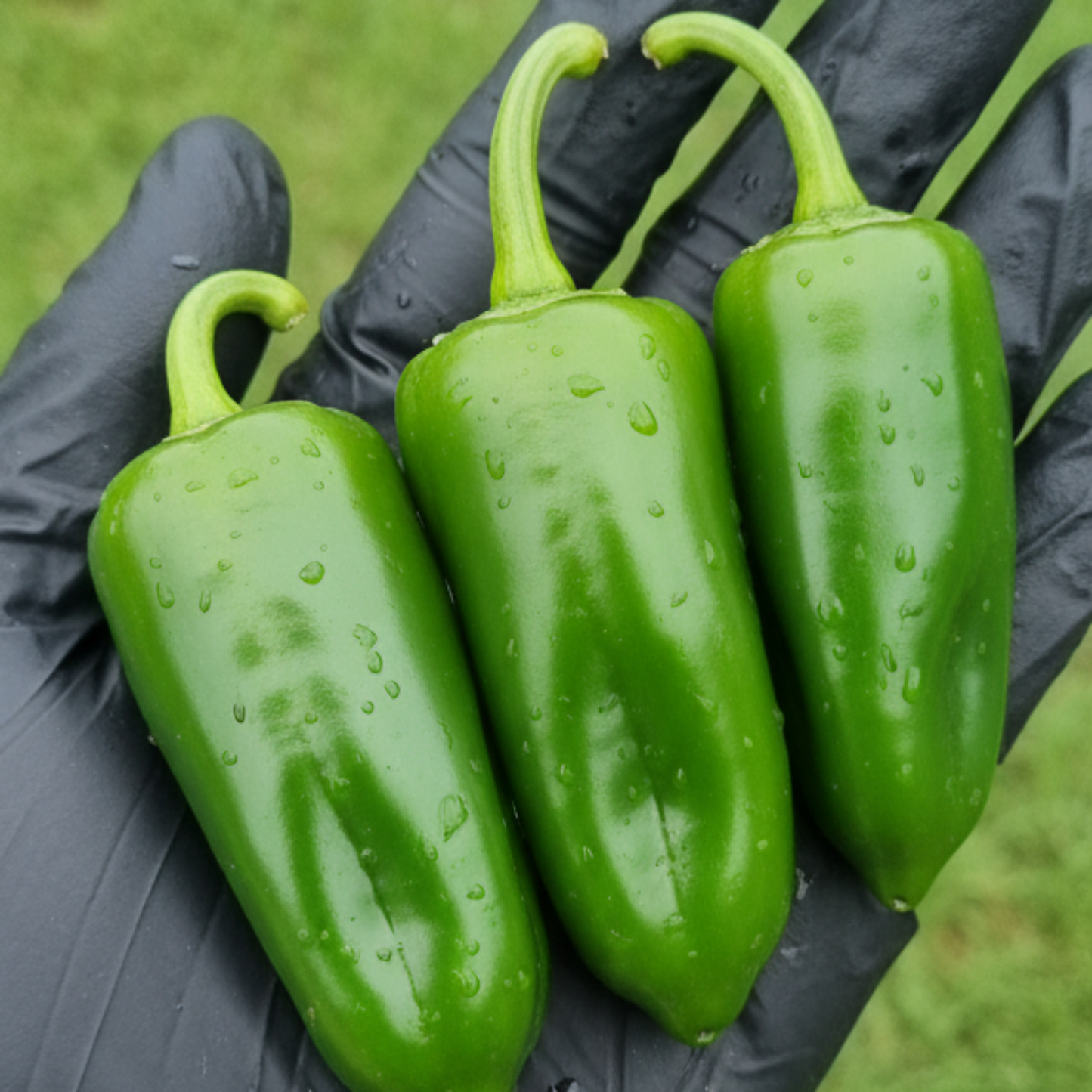 Fooled You Jalapeno product photo - three peppers in black latex gloved hand used to display pepper seeds for sale
