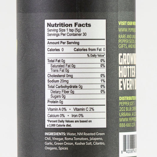 Back label of Pepper Joe's Garlic Green Chile Hot Sauce showing ingredients and nutrition facts.
