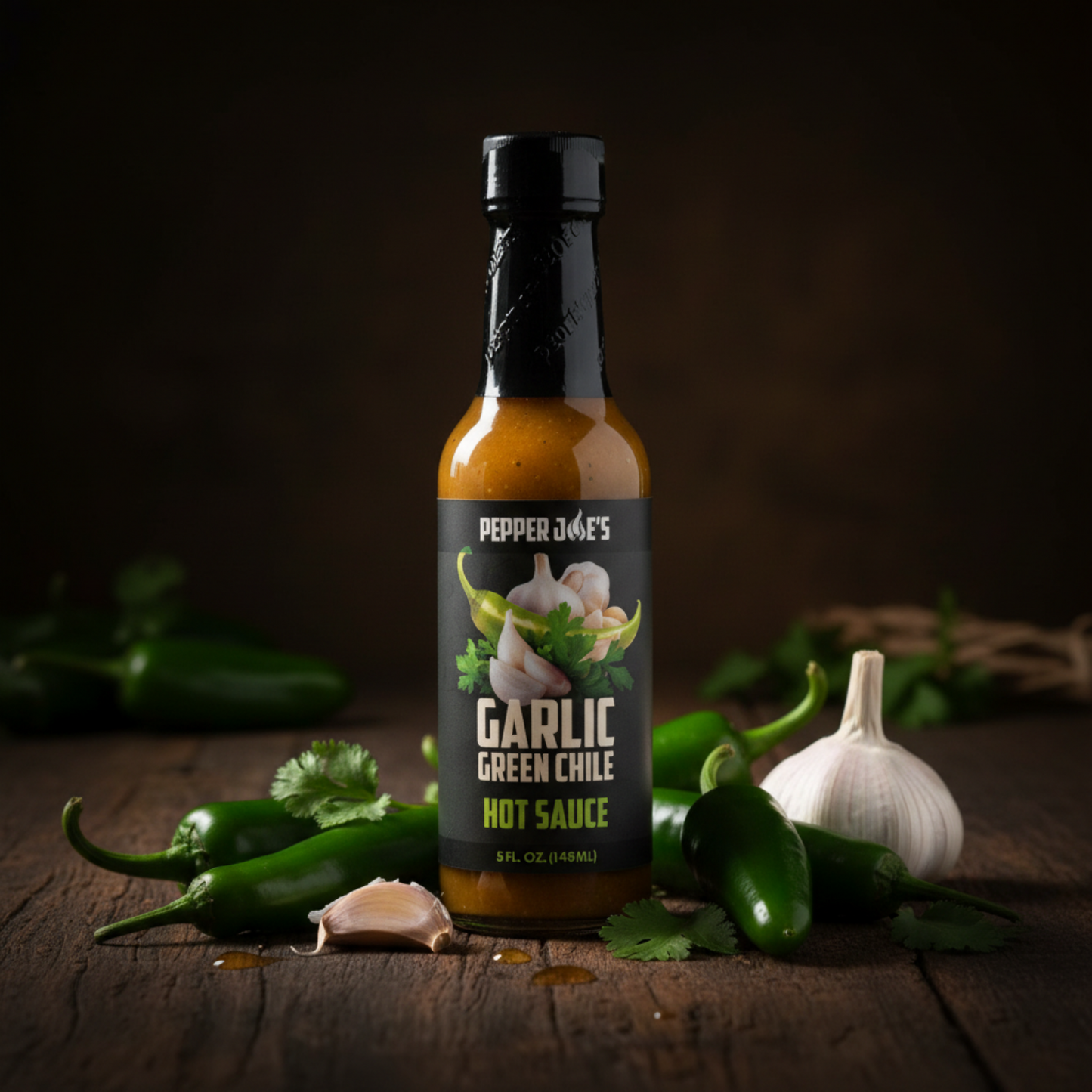 Pepper Joe's Garlic Green Chile Hot Sauce lifestyle image on wood table with garlic and jalapenos surrounding