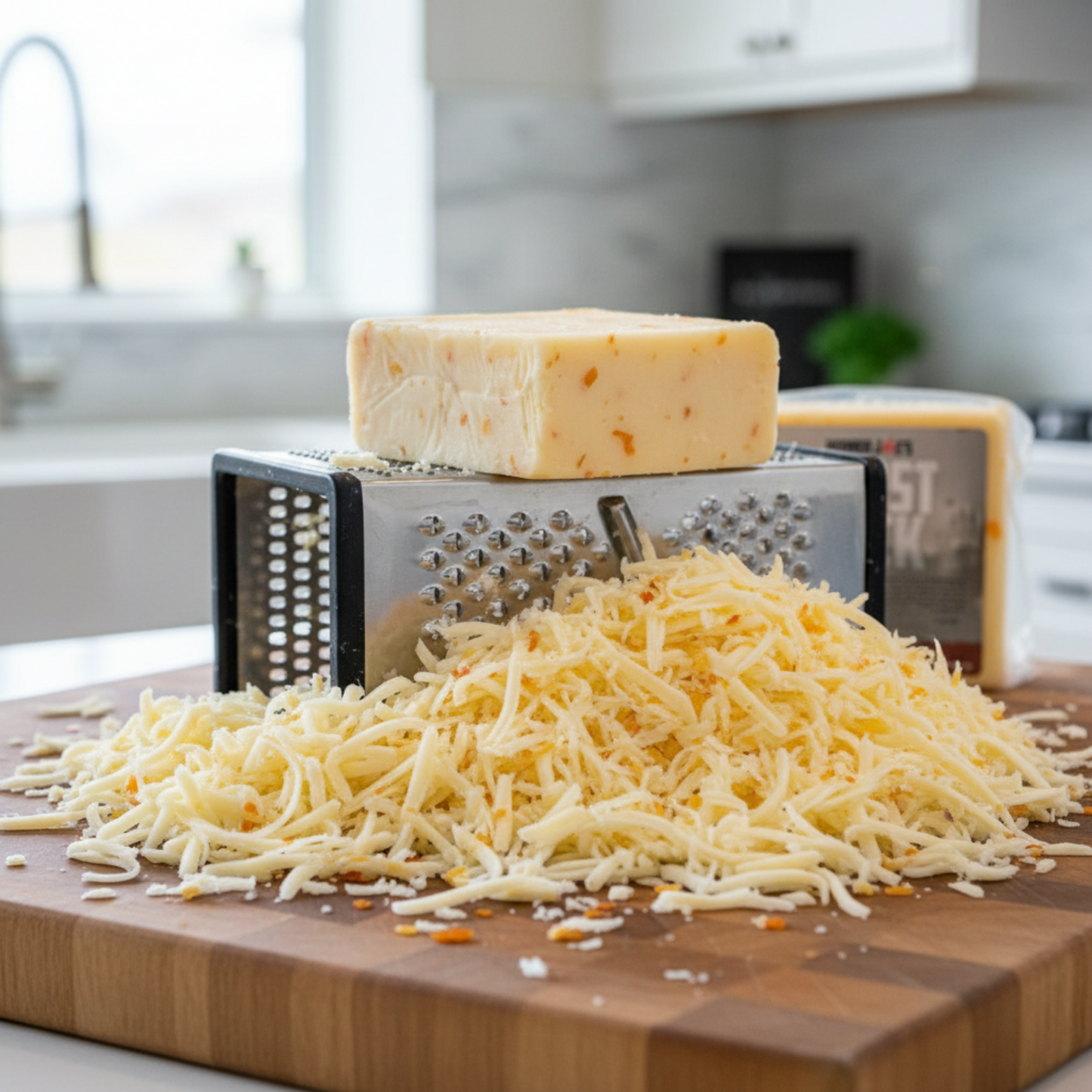 Pepper Joe's spicy Ghost Pepper Jack cheese partially grated on wood cutting board