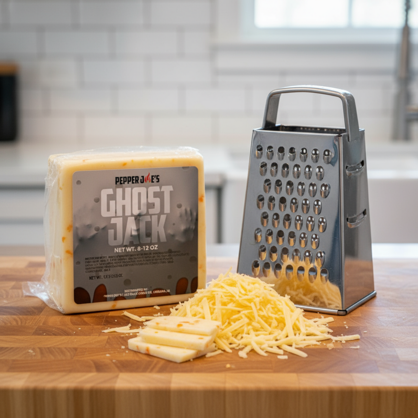 pepper joes spicy Ghost Pepper Jack cheese with prominent label and grater on cutting board