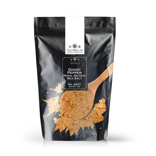 Black packaging of Ghost Pepper Naga Jolokia Sea Salt with visible branding on a white background