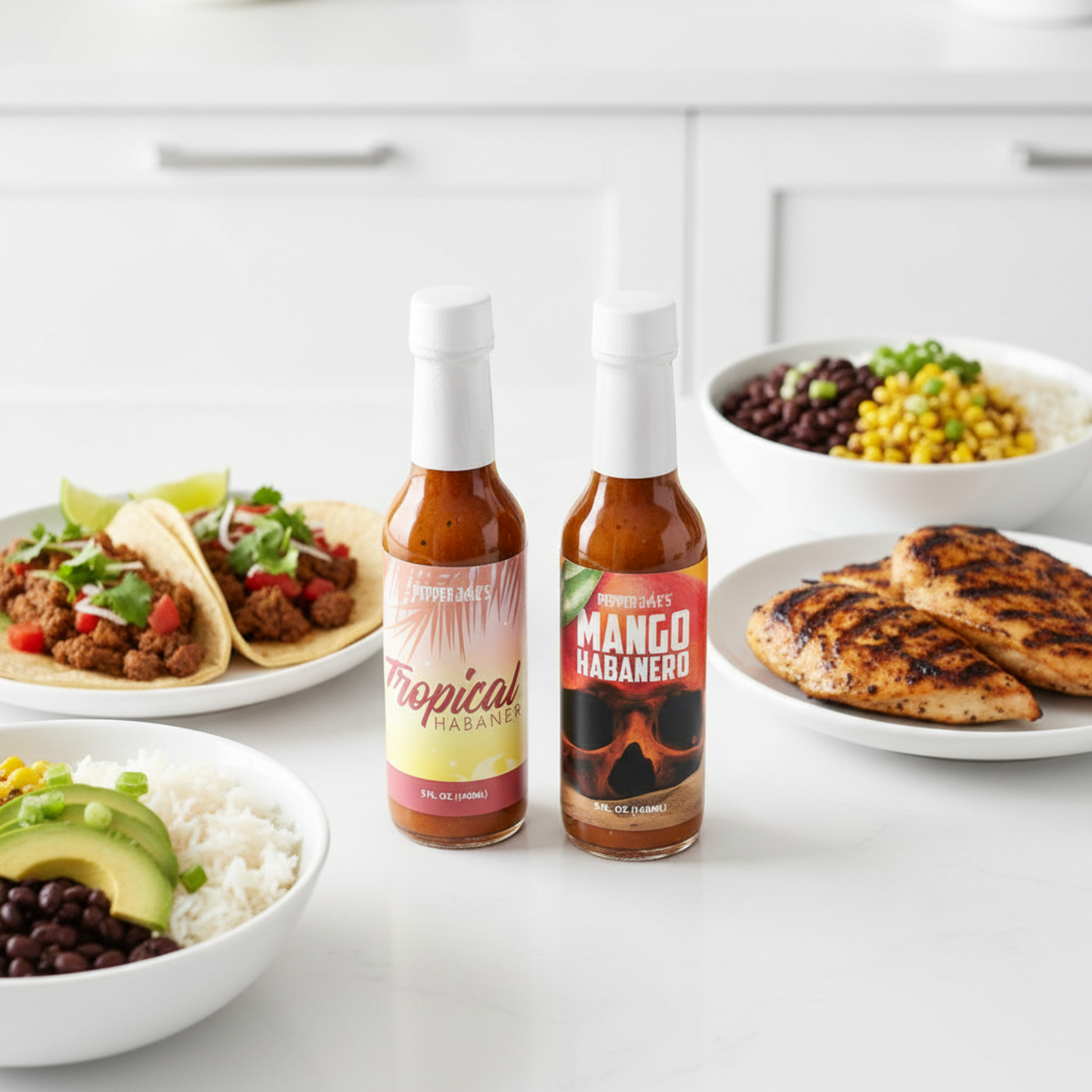 One bottle each of Tropical Habanero and Mango Habanero included in the Habanero Gift Box on a white kitchen counter beside a plate of tacos, two rice bowls, and a plate of grilled chicken.