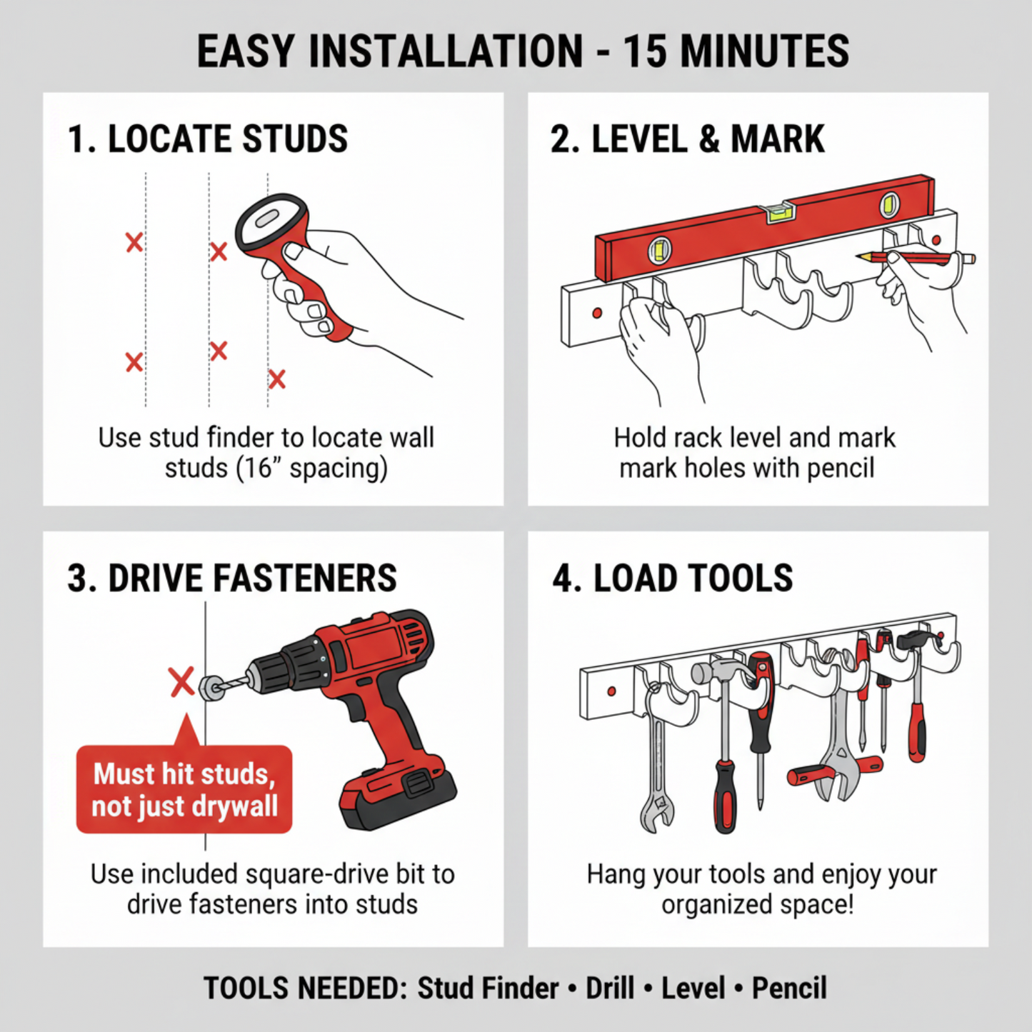 Birch plywood heavy-duty garage tool organizer rack four step installation guide with tools needed including stud finder, drill, level, and pencil.