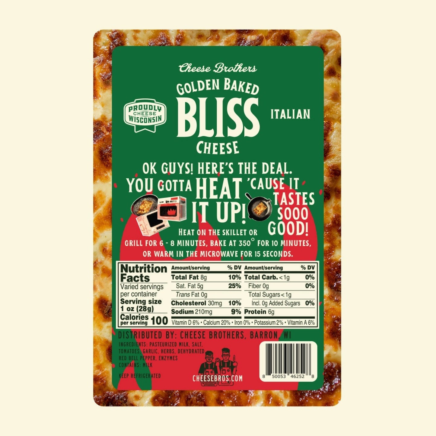 Italian Baked Bliss Cheese nutrition label on white background