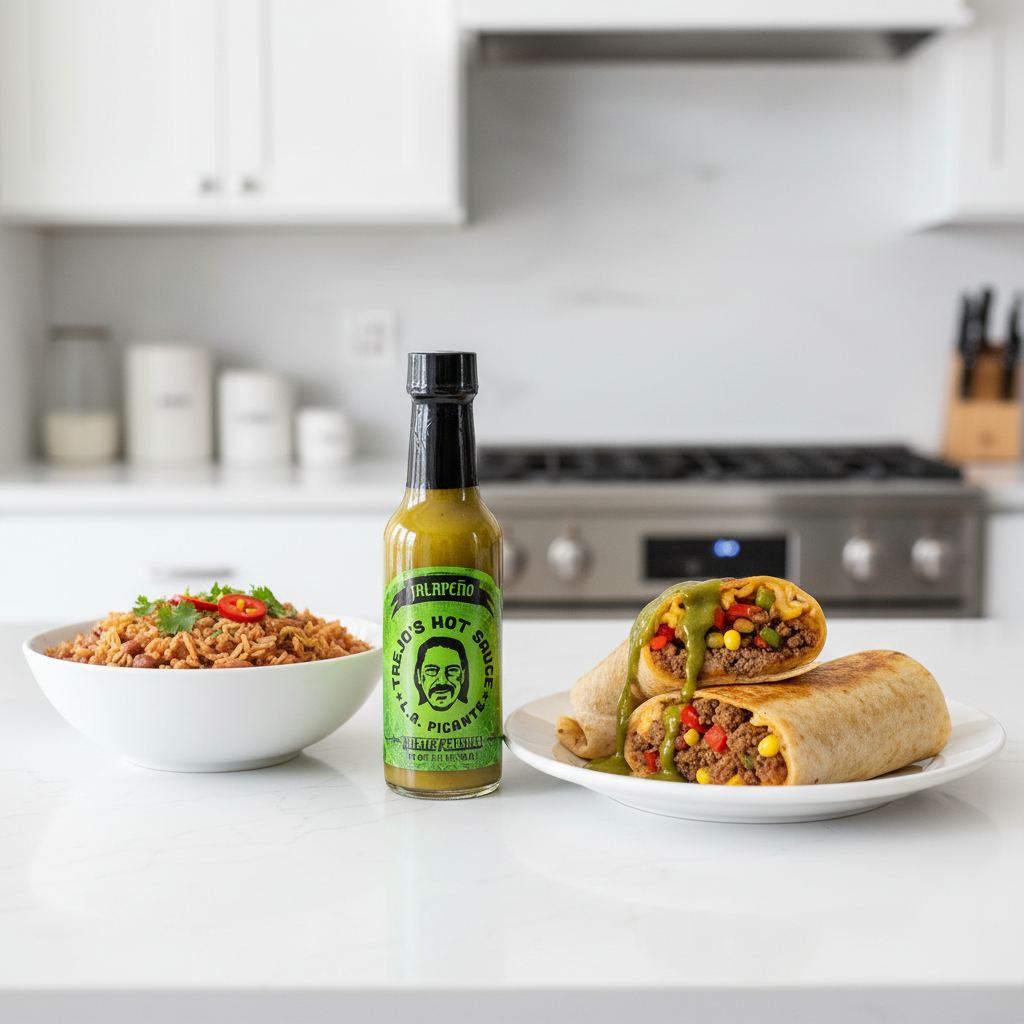 Jalapeno Hot Sauce bottle on a white kitchen counter beside a bowl ofred beans and rice and a plate of burritos drizzled with spicy hot sauce.