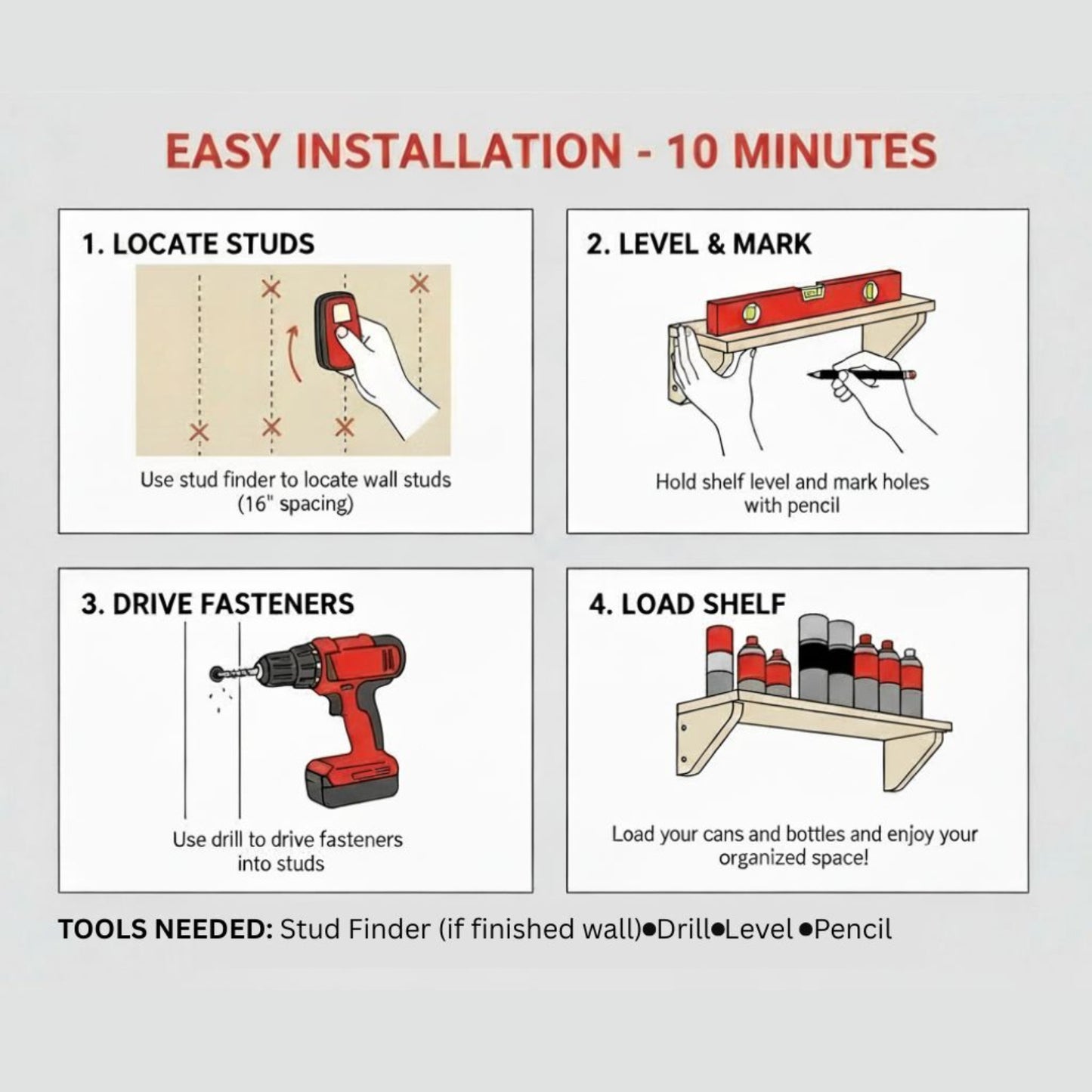 Birch plywood ledge shelf four step installation guide: use stud finder to locate wall studs if installing on a finished wall, hold shelf level and mark holes with a pencil, drill provided fasteners, and load your items to enjoy your new shelf with tools needed including stud finder, drill, level, and pencil.