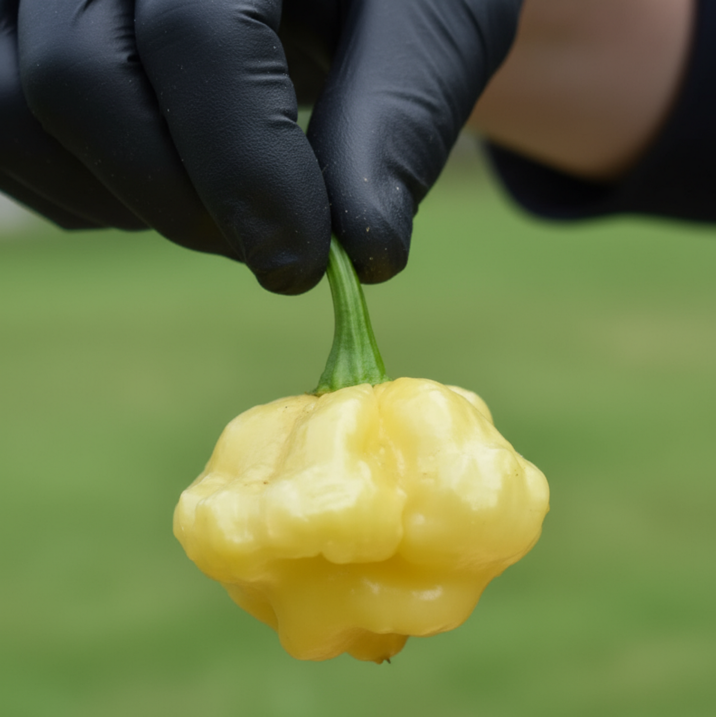Lemon Starrburst Pepper dangling in black gloved hand used to display pepper seeds for sale. AI