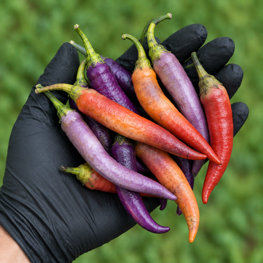 Mixed pile of Buena Mulata peppers in a black-gloved hand used to display pepper seeds for sale