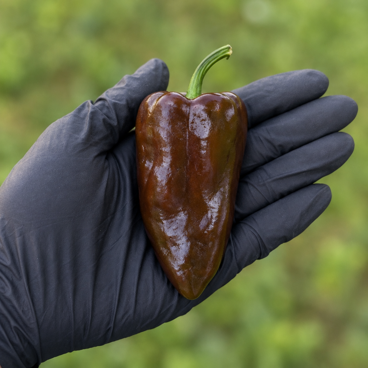 Single mature brown Mulato Island pepper on a black-gloved palm used to display pepper seeds for sale