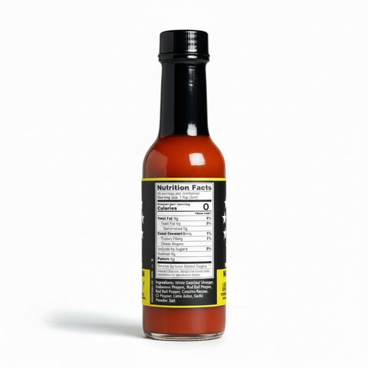 Back label of Nuclear Optoin Hot Sauce bottle showing ingredients and nutrition facts