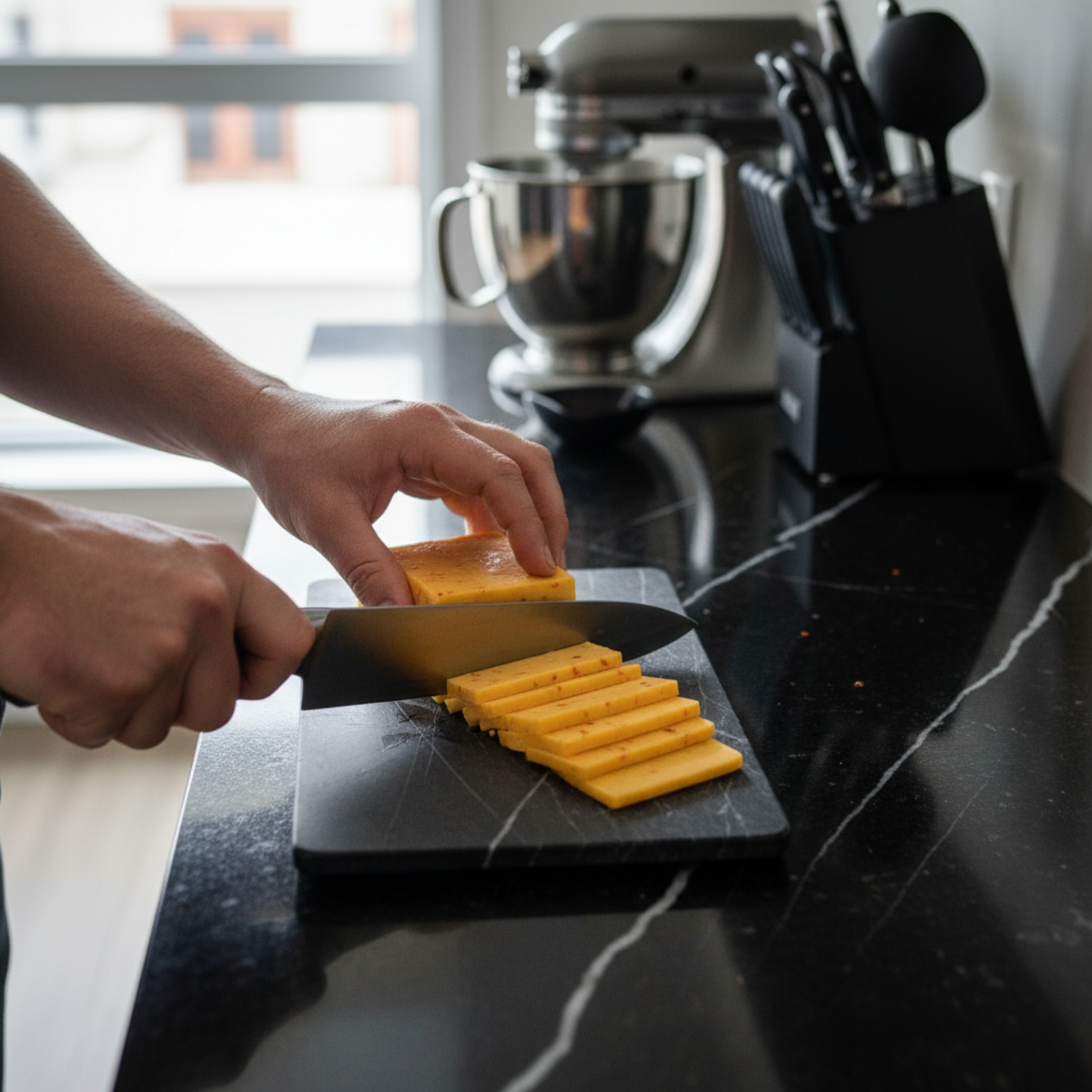 Overhead shot of carolina reaper cheddar cheese being sliced