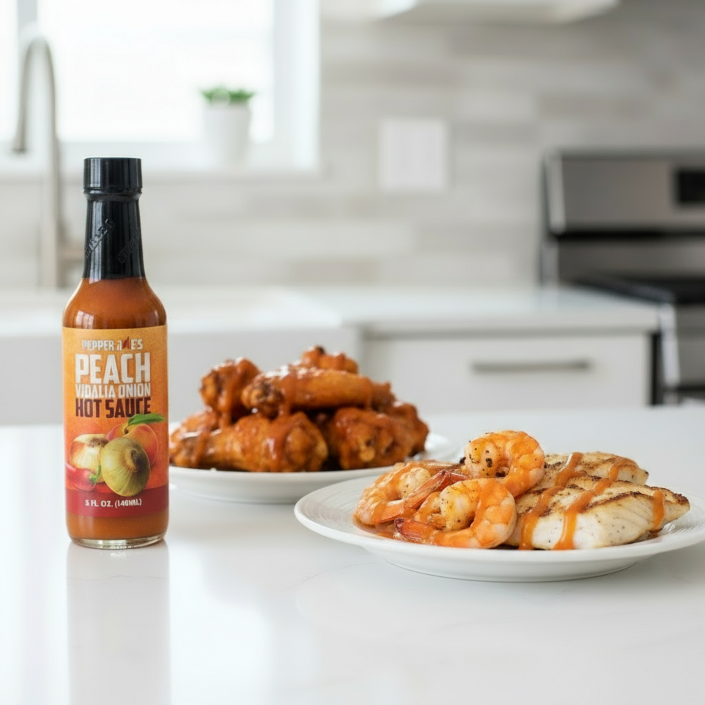 Peach Vidalia Onion Hot Sauce bottle on a white kitchen counter beside a plate of seafood and a plate of fried chicken wings drizzled with spicy hot sauce.