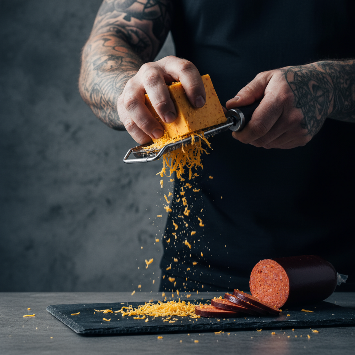 pepper joes carolina reaper cheddar cheese being grated next to reaper summer sausage