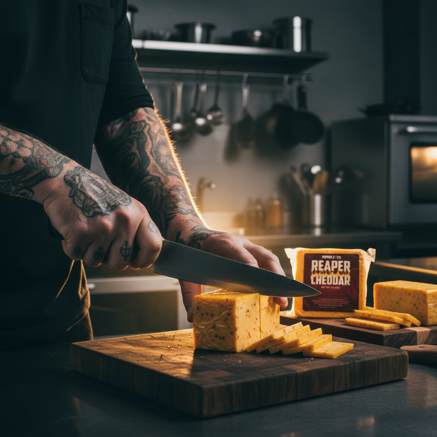 pepper joes reaper cheddar cheese being sliced