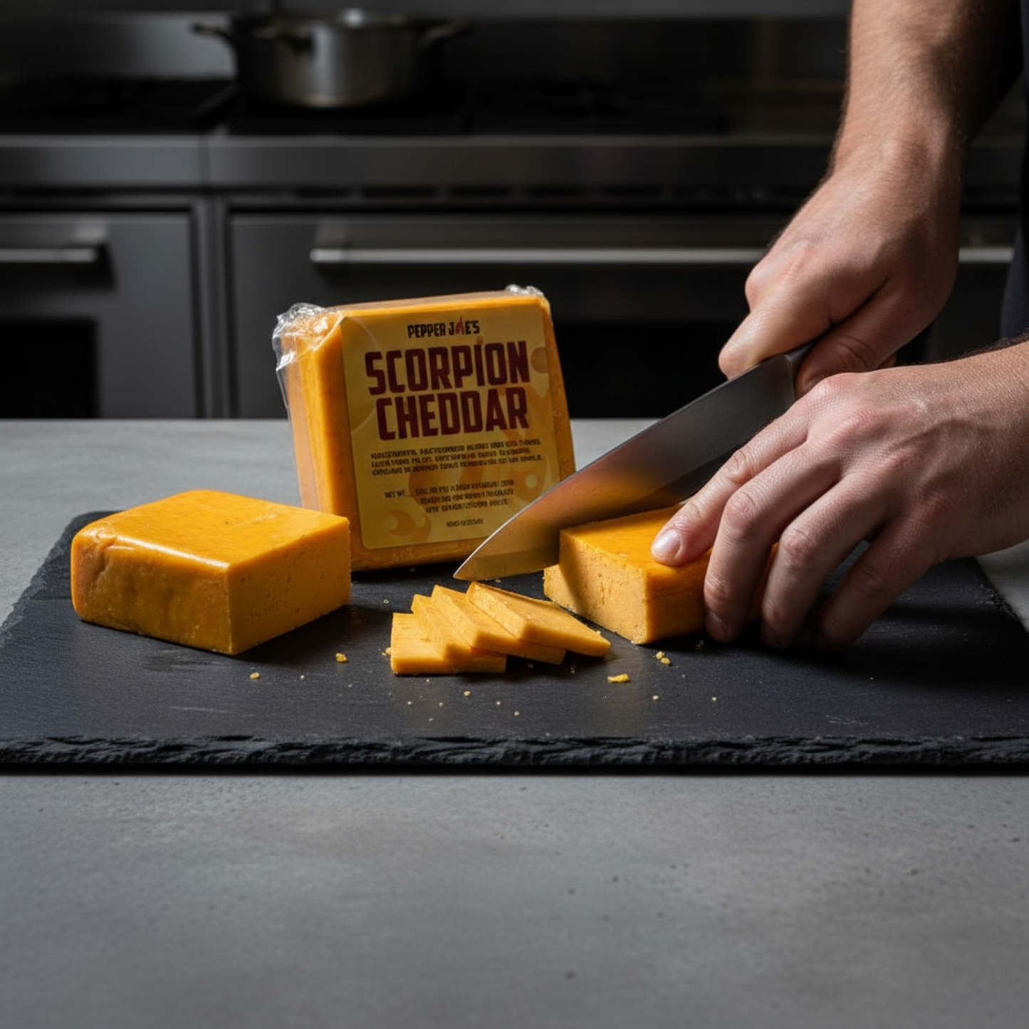 pepper joes scorpion cheddar cheese being sliced