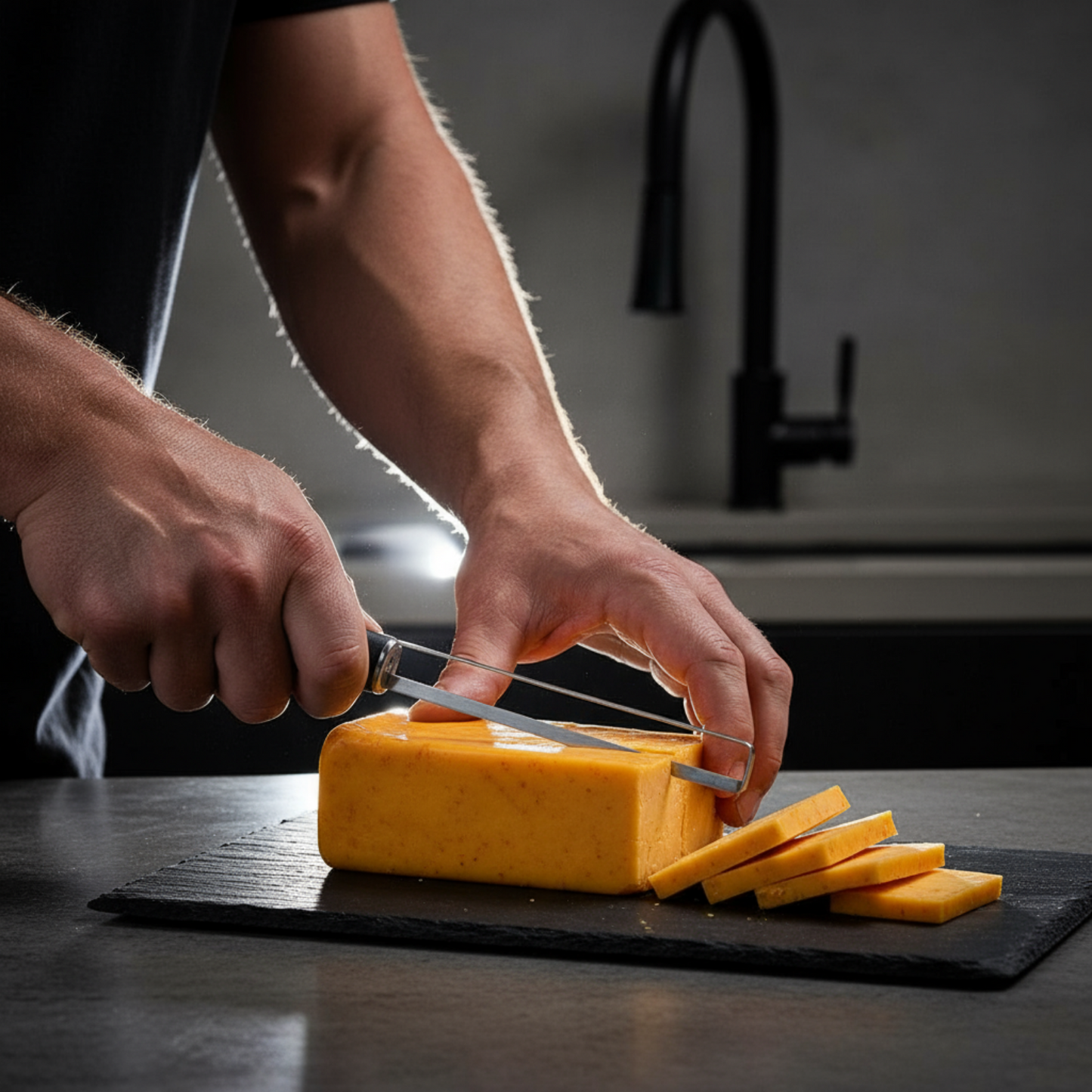 pepper joes scorpion cheddar Cheese being cut with backlighting