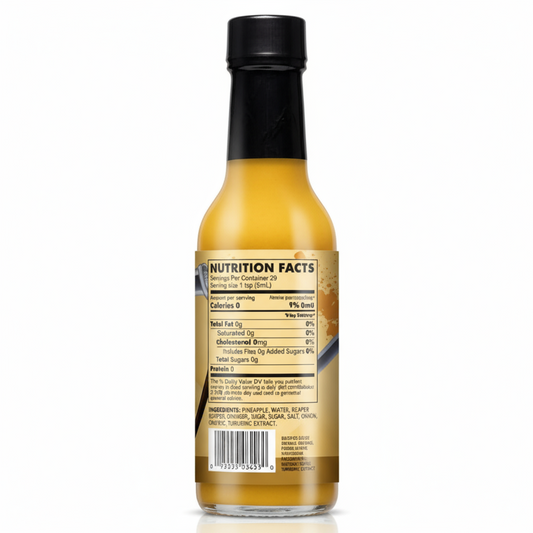 Back label of Pineapple Carolina Reaper Hot Sauce bottle showing ingredients and nutrition facts