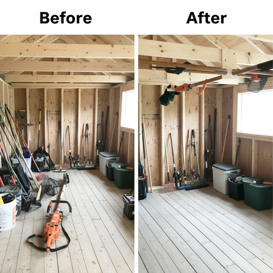 Before and after comparison showing a pole saw laying on the floor inside an unfinished shed surrounded by plastic totes versus the after image showing the pole saw hanging on the stud-mounted pole saw organization rack.
