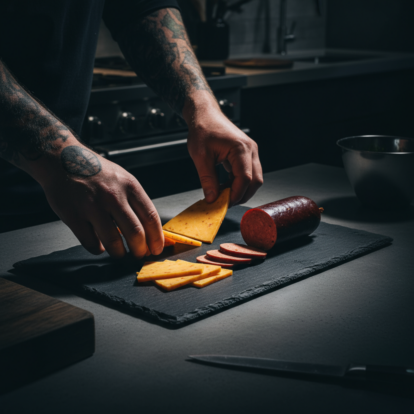 carolina reaper summer sausage and reaper cheese on slate with tattooed hands