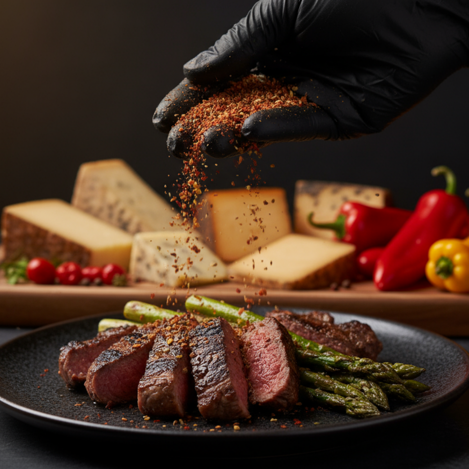 Seasoning being sprinkled with cheese in background