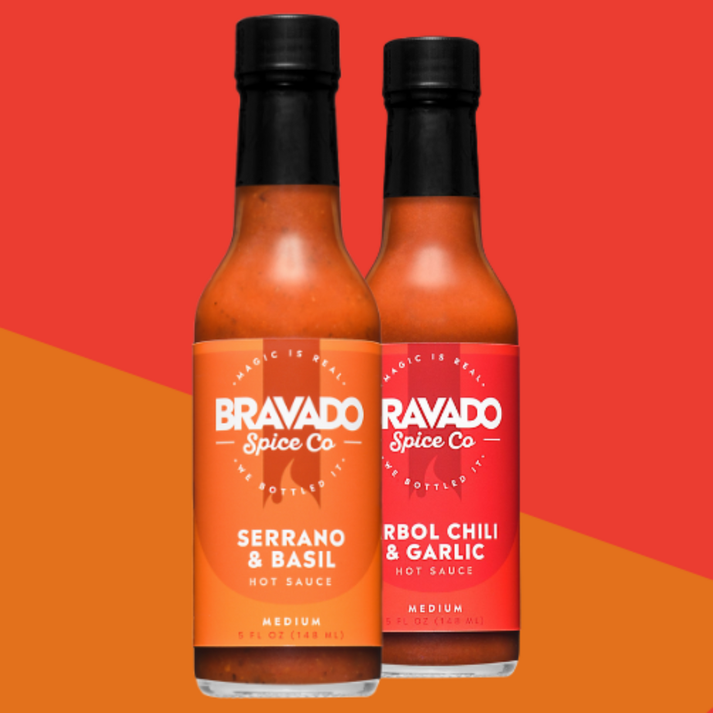 Two bottles of Bravado Spice Co hot sauce on a red and orange background, serrano & basil and arbol chili & garlic hot sauce flavors, the pizza combo pack