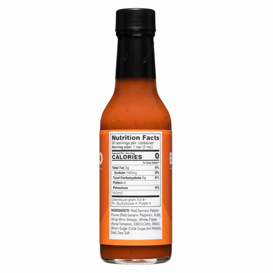 Back label of Serrano Basil Hot Sauce bottle showing ingredients and nutrition facts