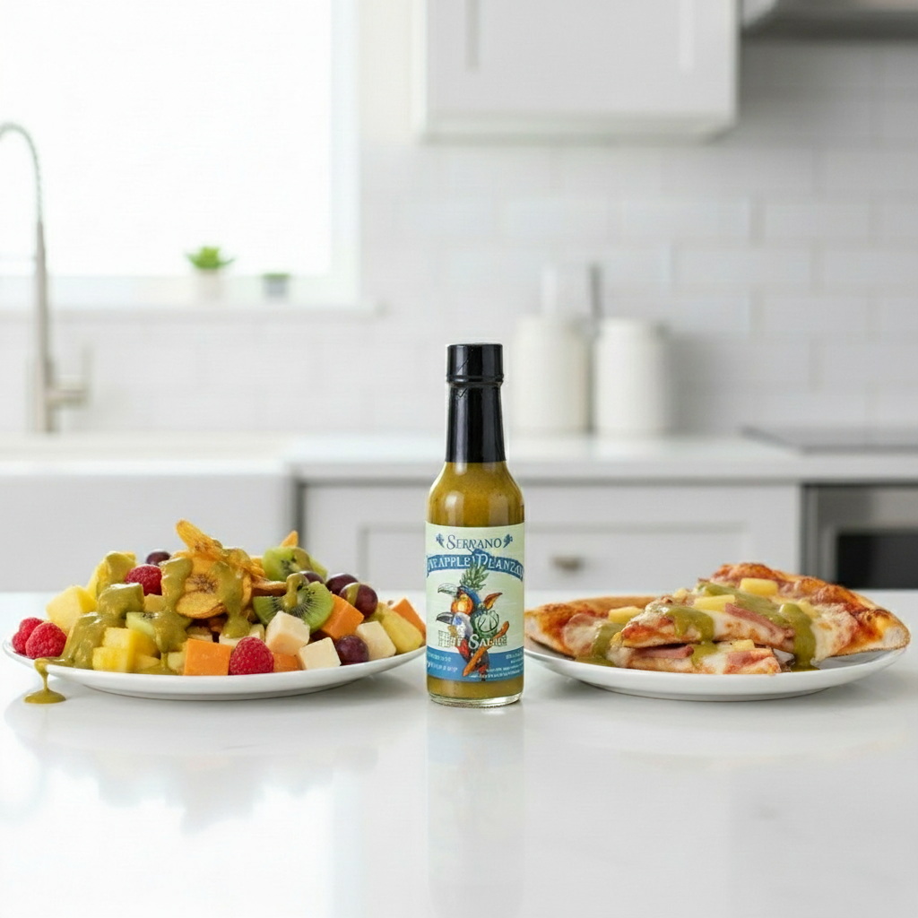 Serrano Pineapple Plantain Hot Sauce bottle on a white kitchen counter beside a plate of pizza and a plate of tropical charcuterie board drizzled with spicy hot sauce.