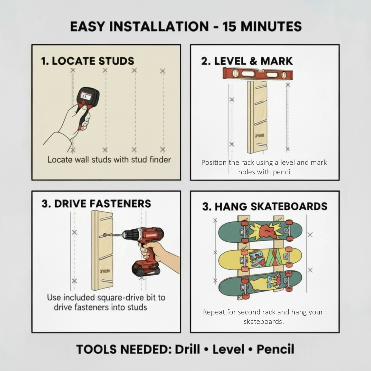 Installation guide for the flush-mounted skateboard organizer showing four steps: locate studs, level and mark predrilled holes, drive fasteners, repeat for second rack and hang skateboards, with required tools listed as drill, level, and pencil.