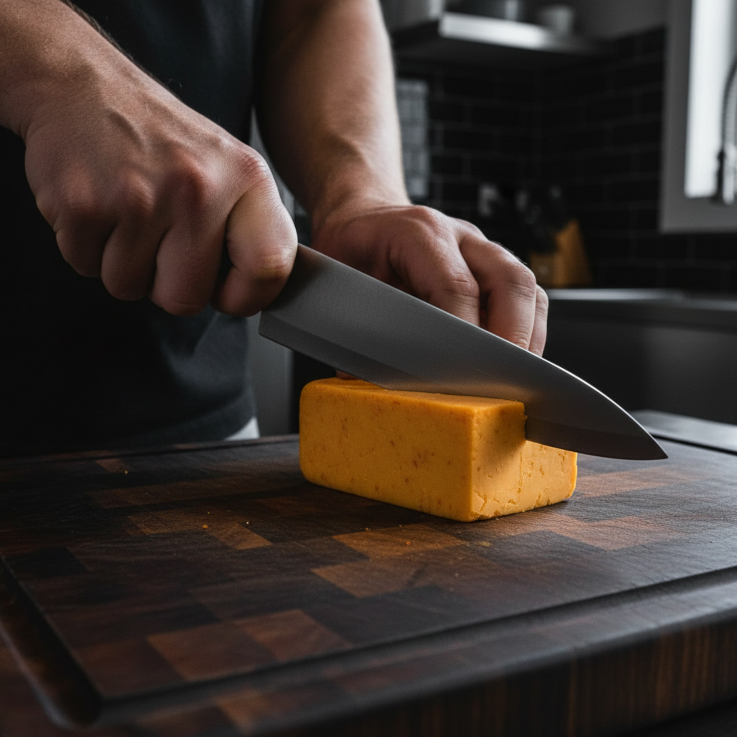 Slicing pepper joes Scorpion Cheddar cheese with chef's knife