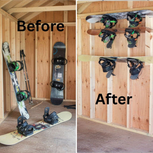 Before and after comparison showing snowboards cluttering the floor inside an unfinished shed versus neatly organized on the stud-mounted snowboard organization rack.