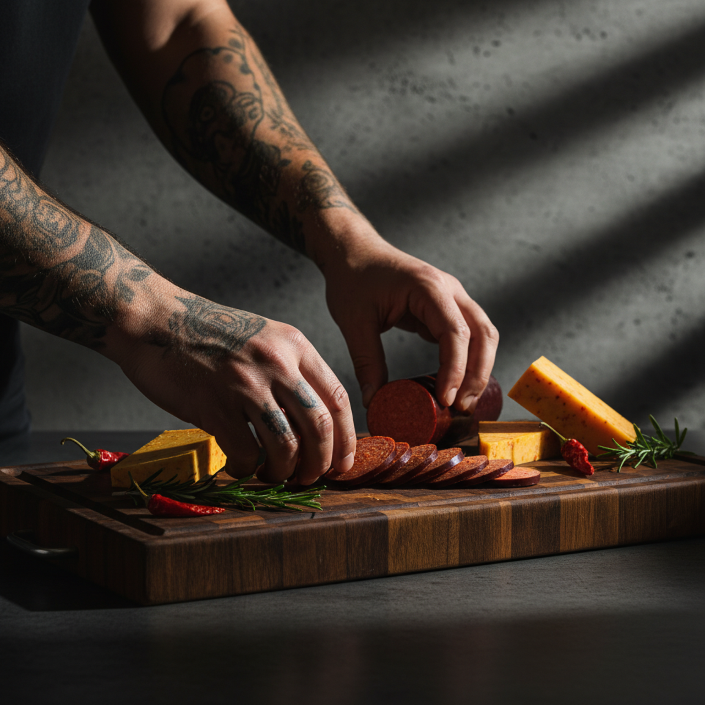 Styling pepper joes carolina reaper cheddar cheese and carolina reaper summer sausage on wood cutting board