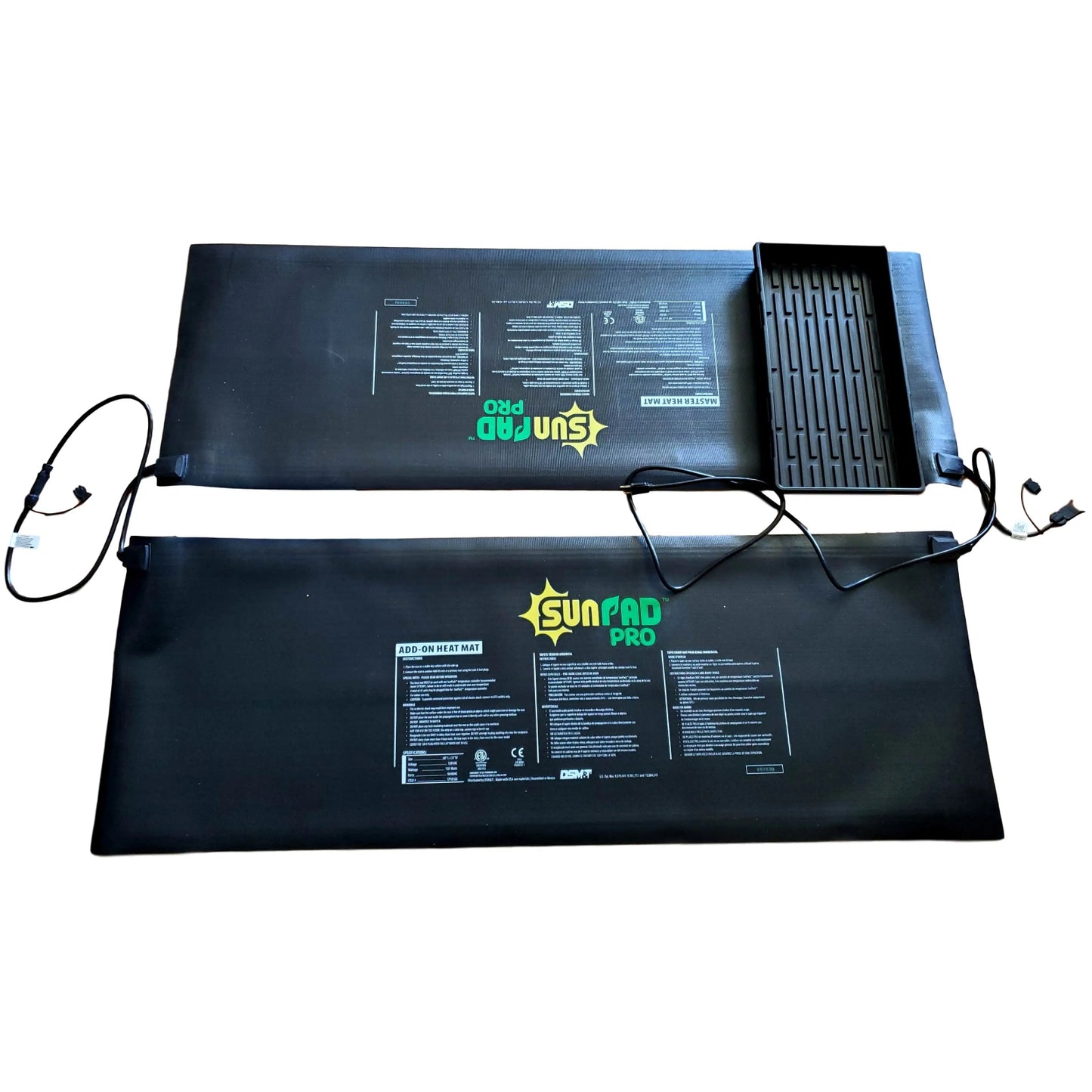 Two Sun Pad Pro heat mats with daisy-chain setup showing front and back sides, connected for indoor seed starting on white background