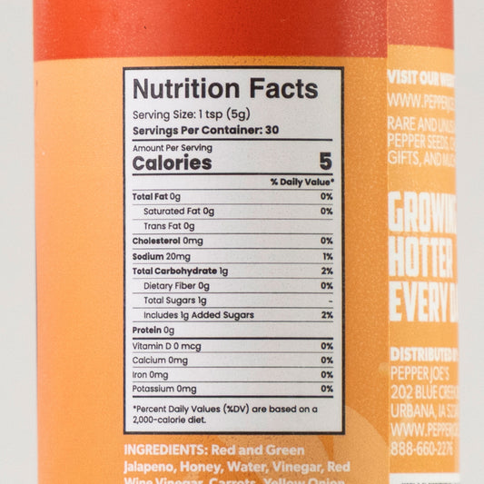 Nutrition facts label on a bottle of Sweet Honey Reaper Hot Sauce.