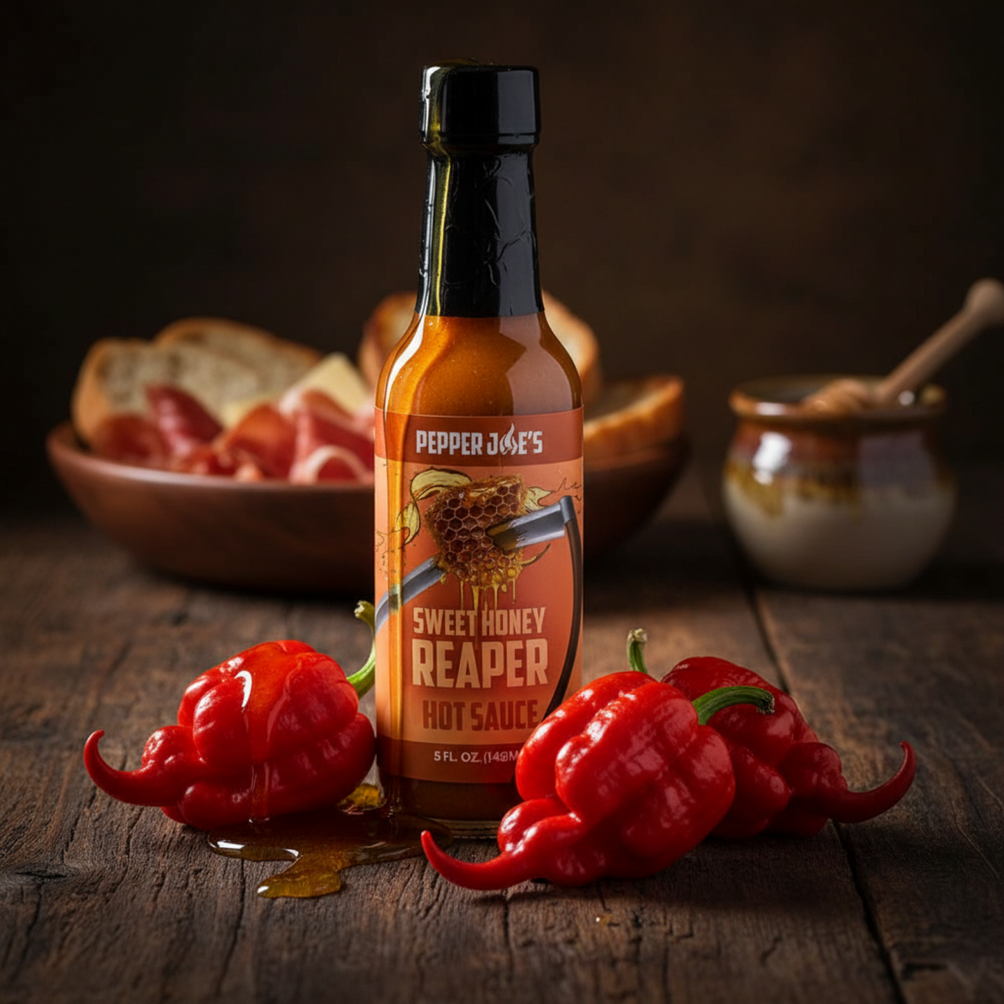 Pepper Joe's Sweet Honey Reaper Hot Sauce Lifestyle Image