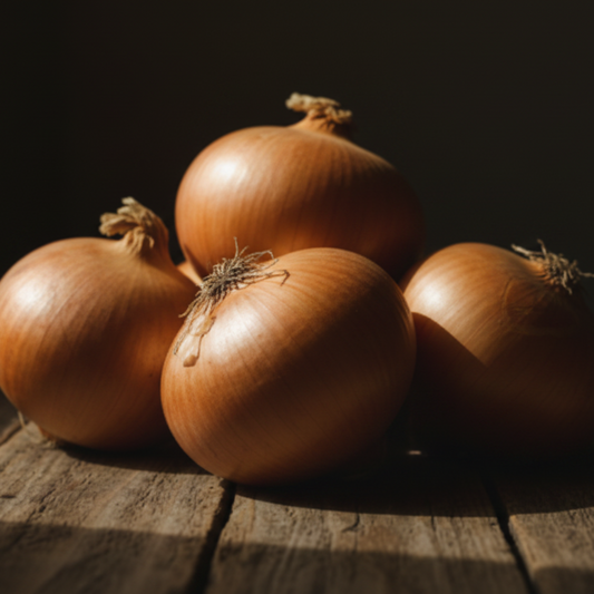 Texas Super Sweet onions piled on dark wooden countertop used to display onion seeds for sale