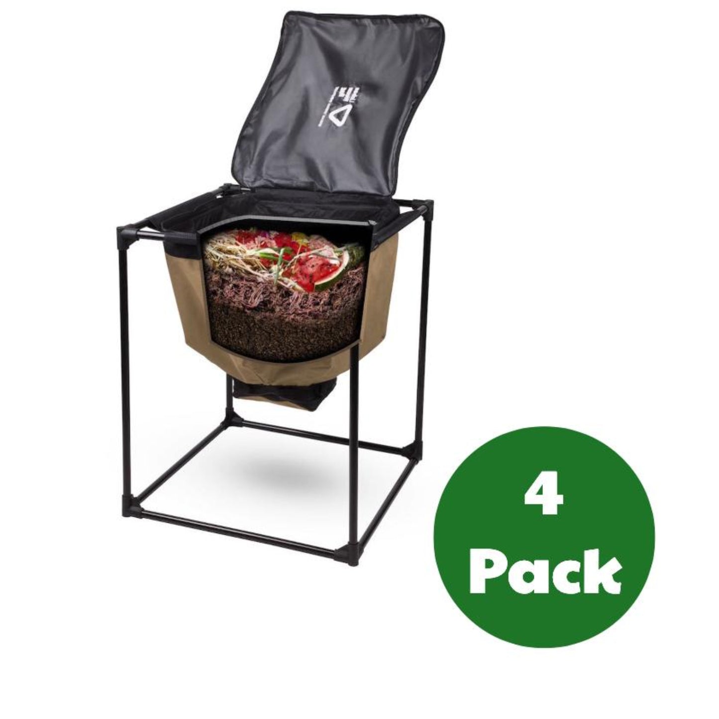 Urban Worm Bag 4 pack with part of the side removed to show food waste and compost inside the bag on a white background.