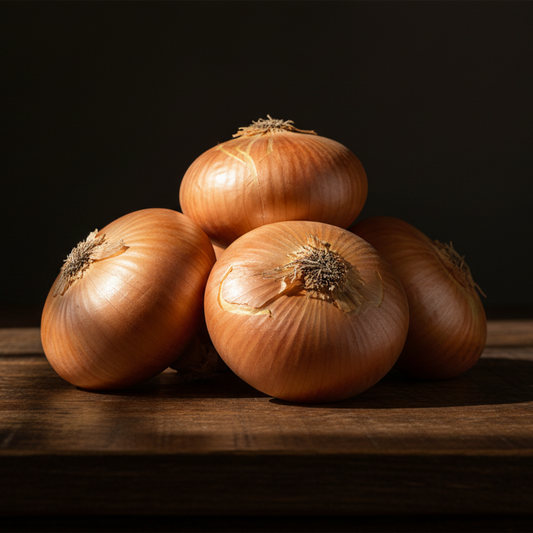 Vidalia onions piled on dark wooden countertop used to display onion seeds for sale